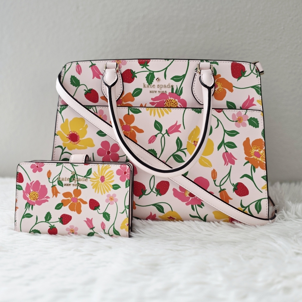 Kate Spade Madison Strawberry Garden Printed Medium Satchel & Compact Wallet Set